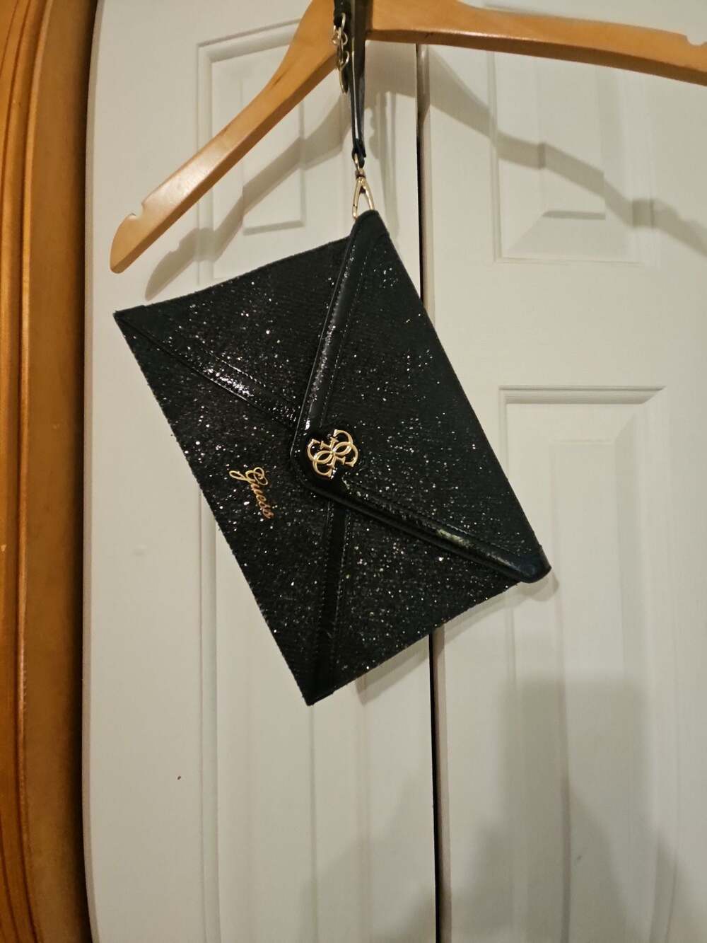 Guess Black Glitter Envelope Clutch Bag with Heart Charm